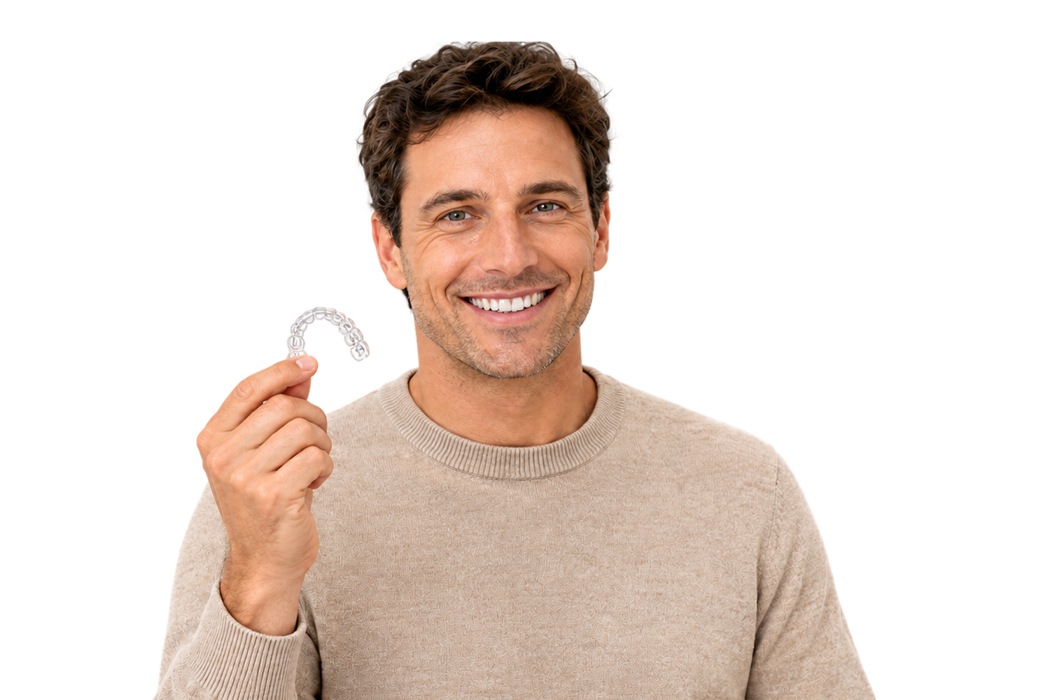 Adulte souriant présentant une gouttière orthodontique